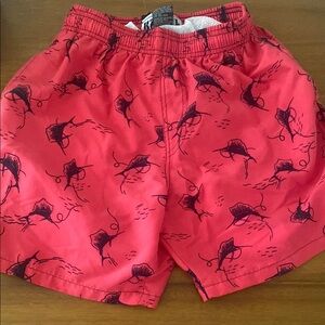 RS surf Red Swim Shorts with Fish Print, Men’s Small